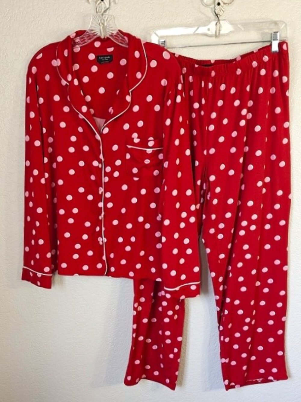 Kate Spade XL Pajama Set Red and Pink Dots Long Sleeves & Pants
